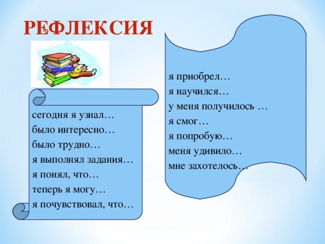 РЕФЛЕКСИЯ я приобрел… я научился… у меня получилось … я смог… я попробую… меня удивило… мне захотелось… сегодня я узнал… было интересно… было трудно… я выполнял задания… я понял, что… теперь я могу… я почувствовал, что…