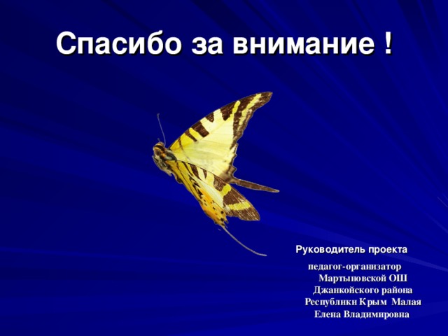 Спасибо за внимание ! Руководитель проекта  педагог-организатор Мартыновской ОШ Джанкойского района Республики Крым Малая Елена Владимировна