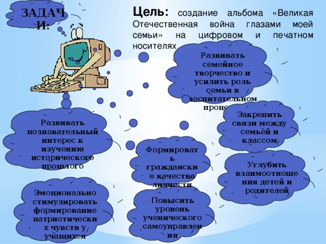 ЗАДАЧИ: Цель:  создание альбома «Великая Отечественная война глазами моей семьи» на цифровом и печатном носителях Развивать семейное творчество и усилить роль семьи в воспитательном процессе Закрепить связи между семьёй и классом Развивать познавательный интерес к изучению исторического прошлого Формировать гражданские качества личности Углубить взаимоотношения детей и родителей Эмоционально стимулировать формирование патриотических чувств у учащихся Повысить уровень ученического самоуправления