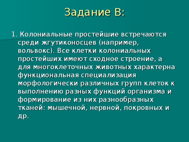 Задание В: 1. Колониальные простейшие встречаются среди жгутиконосцев (например, вольвокс). Все клетки колониальных простейших имеют сходное строение, а для многоклеточных животных характерна функциональная специализация морфологически различных групп клеток к выполнению разных функций организма и формирование из них разнообразных тканей: мышечной, нервной, покровных и др.