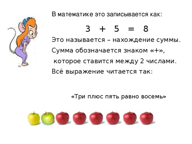 В математике это записывается как: 3 + 5 = 8 Это называется – нахождение суммы. Сумма обозначается знаком «+»,  которое ставится между 2 числами. Всё выражение читается так:   «Три плюс пять равно восемь»