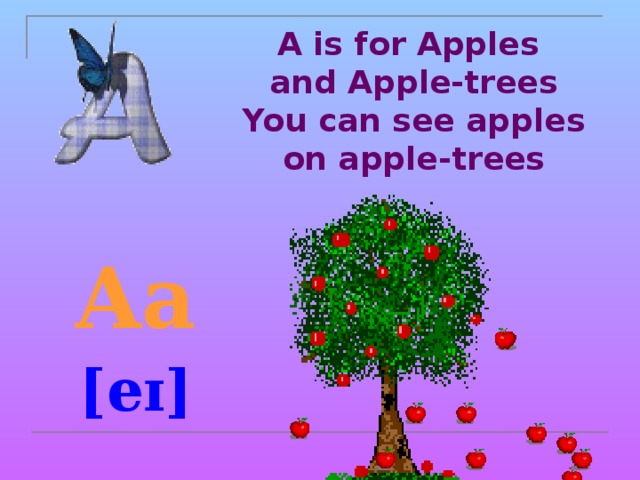 A is for Apples  and Apple-trees  You can see apples on apple-trees Aa [eɪ]