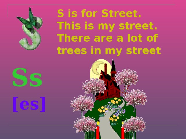 S is for Street.  This is my street.  There are a lot of trees in my street Ss  [es]