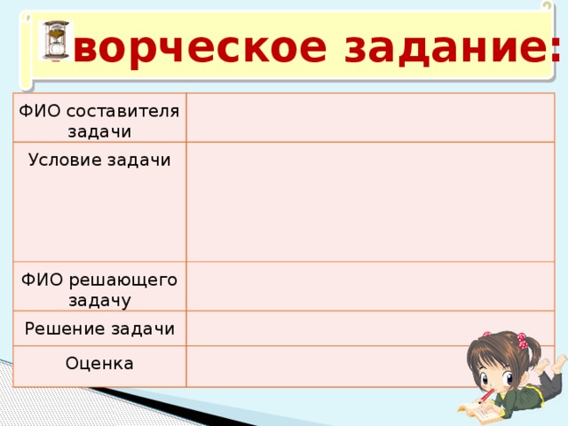 Творческое задание: ФИО составителя задачи Условие задачи ФИО решающего задачу Решение задачи Оценка