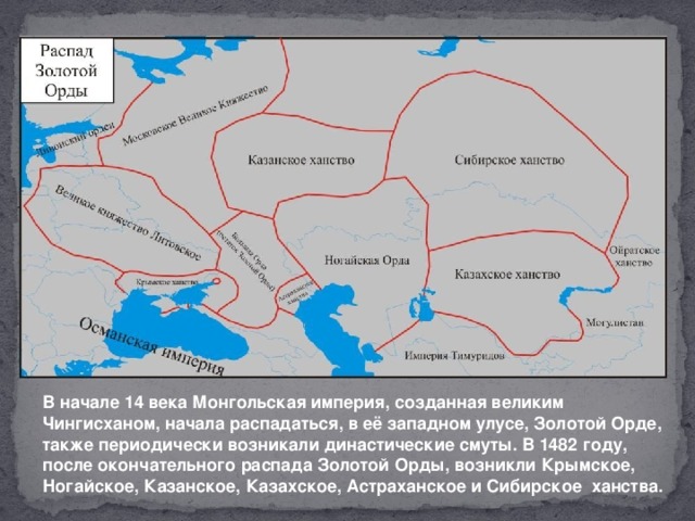 В начале 14 века Монгольская империя, созданная великим Чингисханом, начала распадаться, в её западном улусе, Золотой Орде, также периодически возникали династические смуты. В 1482 году, после окончательного распада Золотой Орды, возникли Крымское, Ногайское, Казанское, Казахское, Астраханское и Сибирское ханства.