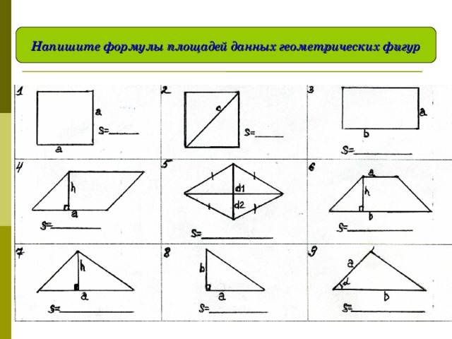 Напишите формулы площадей данных геометрических фигур