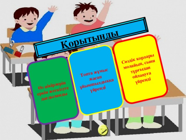 Қорытынды  Өз пікірлерін еркін жеткізуге дағдыланды Топта жұмыс жасап ұйымшылдыққа үйренді Сөздік қорлары молайып, сыни тұрғыдан ойлануға үйренді