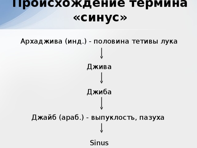 Происхождение термина «синус» Архаджива (инд.) - половина тетивы лука Джива Джиба Джайб (араб.) - выпуклость, пазуха Sinus