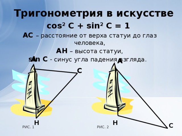 Тригонометрия в искусстве  cos 2 С + sin 2 С = 1 АС – расстояние от верха статуи до глаз человека, АН  – высота статуи, sin С - синус угла падения взгляда.  А А С  Н Н С  РИС. 1 РИС. 2