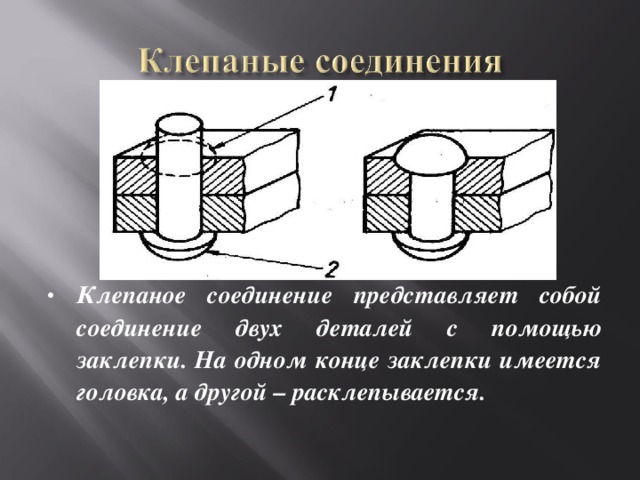Клепаное соединение представляет собой соединение двух деталей с помощью заклепки. На одном конце заклепки имеется головка, а другой – расклепывается.