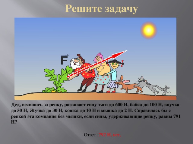 Решите задачу Дед, взявшись за репку, развивает силу тяги до 600 Н, бабка до 100 Н, внучка до 50 Н, Жучка до 30 Н, кошка до 10 Н и мышка до 2 Н. Справилась бы с репкой эта компания без мышки, если силы, удерживающие репку, равны 791 Н? Ответ : 792 Н, нет,