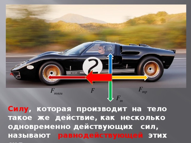 Силу , которая производит на тело такое же действие, как несколько одновременно действующих сил, называют равнодействующей этих сил.