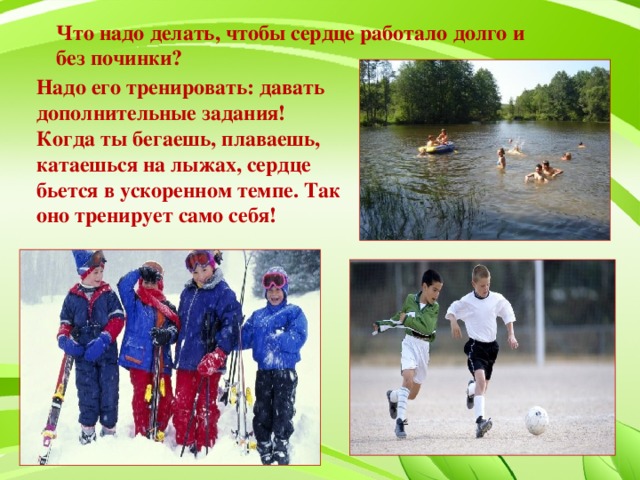 Что надо делать, чтобы сердце работало долго и без починки? Надо его тренировать: давать дополнительные задания! Когда ты бегаешь, плаваешь, катаешься на лыжах, сердце бьется в ускоренном темпе. Так оно тренирует само себя!