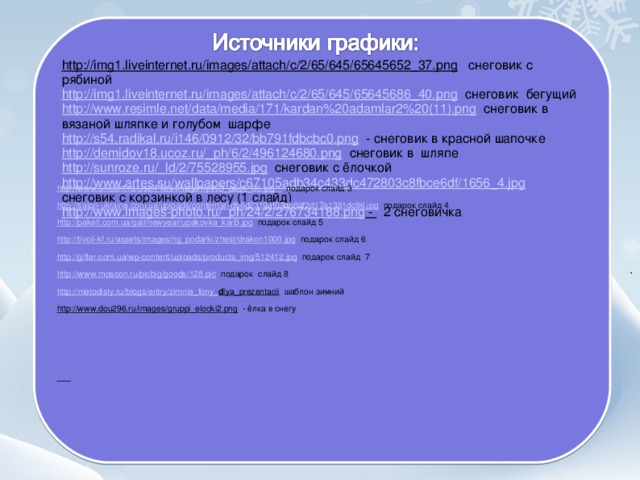 http://img1.liveinternet.ru/images/attach/c/2/65/645/65645652_37.png снеговик с рябиной http://img1.liveinternet.ru/images/attach/c/2/65/645/65645686_40.png снеговик бегущий http://www.resimle.net/data/media/171/kardan%20adamlar2%20(11).png снеговик в вязаной шляпке и голубом шарфе http://s54.radikal.ru/i146/0912/32/bb791fdbcbc0.png - снеговик в красной шапочке http://demidov18.ucoz.ru/_ph/6/2/496124680.png снеговик в шляпе http://sunroze.ru/_ld/2/75528955.jpg снеговик с ёлочкой http://www.artes.su/wallpapers/c67105adb34c433dc472803c8fbce6df/1656_4.jpg снеговик с корзинкой в лесу (1 слайд) http://www.images-photo.ru/_ph/24/2/276734188.png - 2 снеговичка   http://www.uniconf.ru/UserFiles/Image/ny/KO_page_06.jpg подарок слайд 3 http://salon-ukraine.com.ua/uploads/content/e1db6d2319af03db89f2d17e1381dc96.jpg подарок слайд 4 http://paketi.com.ua/gall/newyear/upakovka_karB.jpg подарок слайд 5 http://tivoli-kf.ru/assets/images/ng_podarki/zhest/drakon1000.jpg подарок слайд 6 http://gifter.com.ua/wp-content/uploads/products_img/512412.jpg подарок слайд 7 http://www.moscon.ru/picbig/goods/128.pic подарок слайд 8 http :// metodisty . ru / blogs / entry / zimnie _ fony _ d lya _ prezentacii шаблон зимний http://www.dou296.ru/images/gruppi_elocki2.png - ёлка в снегу