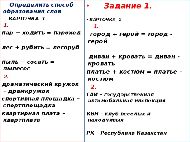 Определи способ образования. Определить способ образования слов. Способы образования слов. Карточка определить способ образования слов. Способы образования сложных слов.