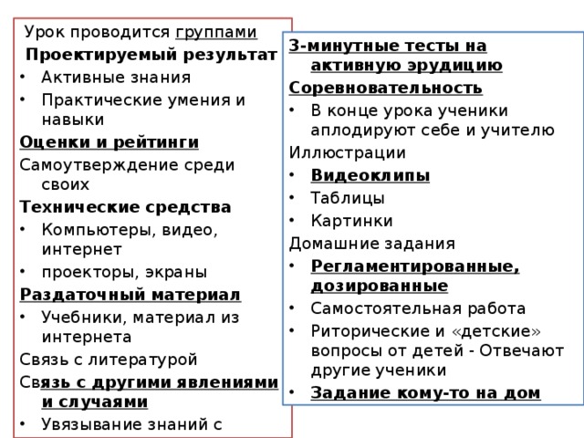   Урок проводится группами   Проектируемый результат Активные знания Практические умения и навыки Оценки и рейтинги Самоутверждение среди своих Технические средства Компьютеры, видео, интернет проекторы, экраны Раздаточный материал Учебники, материал из интернета Связь с литературой Св язь с другими явлениями и случаями Увязывание знаний с жизнью взрослых Увязывание знаний с обществом Увязывание с прошлым и будущим 3-минутные тесты на активную эрудицию Соревновательность В конце урока ученики аплодируют себе и учителю Иллюстрации Видеоклипы Таблицы Картинки Домашние задания