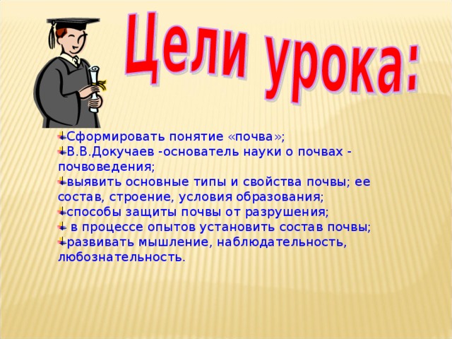 Сформировать понятие «почва»; В.В.Докучаев -основатель науки о почвах - почвоведения; выявить основные типы и свойства почвы; ее состав, строение, условия образования; способы защиты почвы от разрушения;   в процессе опытов установить состав почвы; развивать мышление, наблюдательность, любознательность.