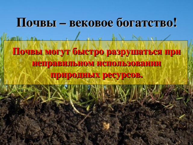 Почвы – вековое богатство! Почвы могут быстро разрушаться при неправильном использовании природных ресурсов.