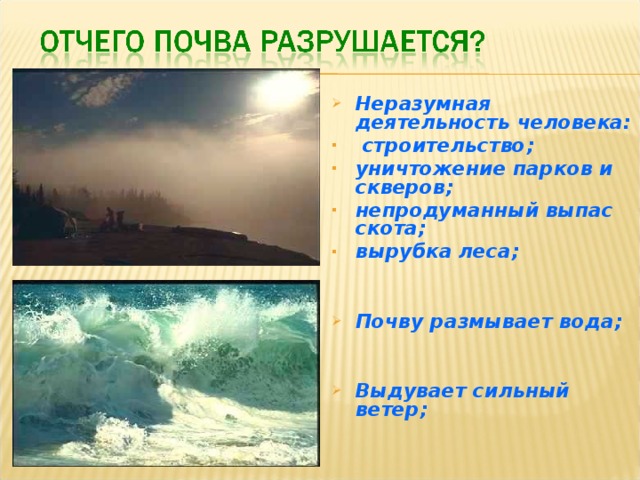 Неразумная деятельность человека:  строительство; уничтожение парков и скверов; непродуманный выпас скота; вырубка леса;   Почву размывает вода;   Выдувает сильный ветер;