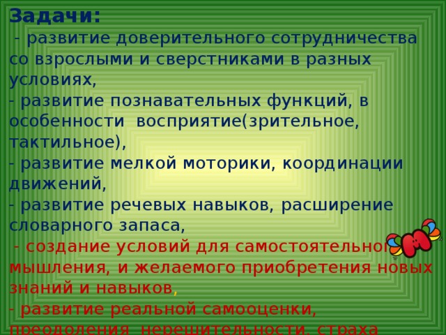 Задачи:   - развитие доверительного сотрудничества со взрослыми и сверстниками в разных условиях,  - развитие познавательных функций, в особенности восприятие(зрительное, тактильное),  - развитие мелкой моторики, координации движений,  - развитие речевых навыков,  расширение словарного запаса,  - создание условий для самостоятельного мышления,  и желаемого приобретения новых знаний и навыков ,   - развитие реальной самооценки, преодоления нерешительности, страха проявлять себя,  - повышение чувства значимости, чувства авторства, соавторства.