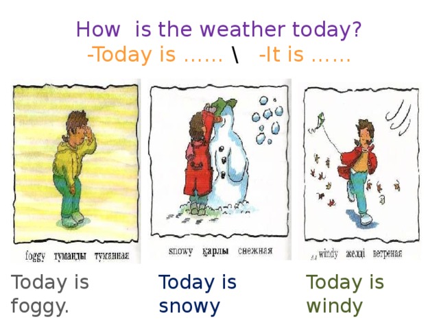 How is the weather today?  -Today is …… \ -It is …… Today is foggy.  Today is snowy Today is windy