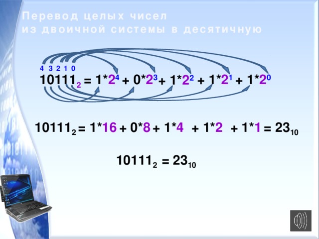 Перевод целых чисел из двоичной системы в десятичную 0 2 3 4 1 = 1* 2 4 + 0* 2 3 + 1* 2 1 10111 2 + 1* 2 0 + 1* 2 2 10111 2 = 1* 16  + 0* 8  + 1* 4 + 1* 2 + 1* 1  = 23 10 10111 2 = 23 10