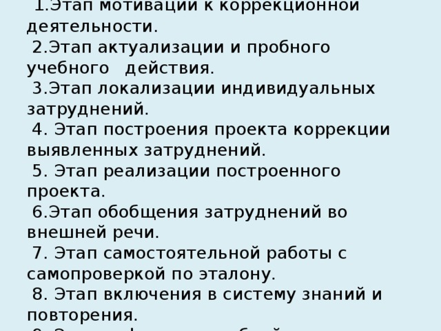 Этапы урока:   1.Этап мотивации к коррекционной деятельности.  2.Этап актуализации и пробного учебного действия.  3.Этап локализации индивидуальных затруднений.  4. Этап построения проекта коррекции выявленных затруднений.  5. Этап реализации построенного проекта.  6.Этап обобщения затруднений во внешней речи.  7. Этап самостоятельной работы с самопроверкой по эталону.  8. Этап включения в систему знаний и повторения.  9. Этап рефлексии учебной деятельности на уроке.