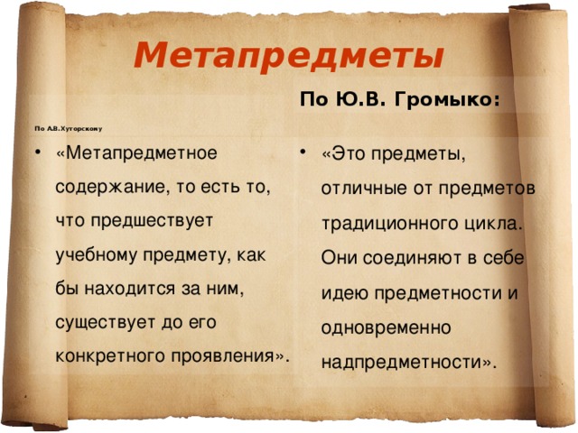 Метапредметы По Ю.В. Громыко: По А.В.Хуторскому «Метапредметное содержание, то есть то, что предшествует учебному предмету, как бы находится за ним, существует до его конкретного проявления». «Это предметы, отличные от предметов традиционного цикла. Они соединяют в себе идею предметности и одновременно надпредметности».