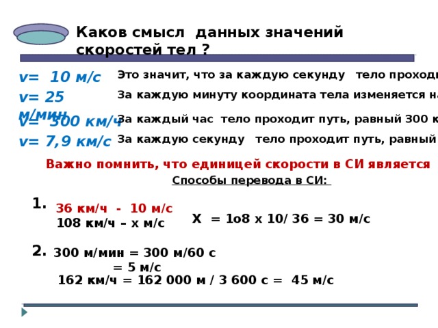 Каков смысл данных значений скоростей тел ? Это значит, что за каждую секунду тело проходит 10 м v = 10 м/с За каждую минуту координата тела изменяется на 25м v = 25 м/мин За каждый час тело проходит путь, равный 300 км v= 300 км/ч v= 7,9 км/с За каждую секунду тело проходит путь, равный 7,9 км Важно помнить, что единицей скорости в СИ является 1 м/с Способы перевода в СИ: 1. 36 км/ч - 10 м/с 108 км/ч – х м/с Х = 1о8 х 10/ 36 = 30 м/с 2. 300 м/мин = 300 м/60 с = 5 м/с  162 км/ч = 162 000 м / 3 600 с = 45 м/с