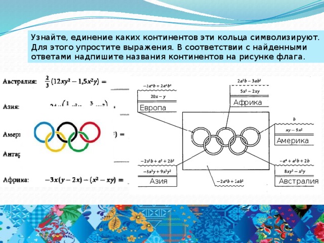 Узнайте, единение каких континентов эти кольца символизируют. Для этого упростите выражения. В соответствии с найденными ответами надпишите названия континентов на рисунке флага. Африка Европа Америка Австралия Азия