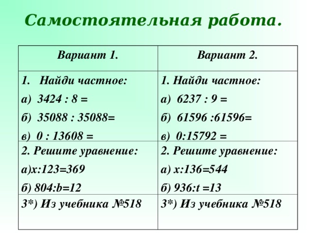 Самостоятельная работа. Вариант 1. Вариант 2. Найди частное: а) 3424 : 8 = б) 35088 : 35088= в) 0 : 13608 = 1. Найди частное: а) 6237 : 9 = б) 61596 :61596= в) 0:15792 = 2 . Решите уравнение: а)х:123=369 б) 804: b=12 2 . Решите уравнение: а) х:136=544 б) 93 6 : t =13 3*) Из учебника №518 3*) Из учебника №51 8