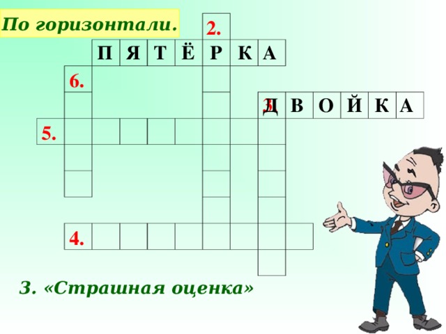 По горизонтали. 2. Т А П Я Ё Р К 6. К Й О В А Д 3. 5. 4. 3. «Страшная оценка»