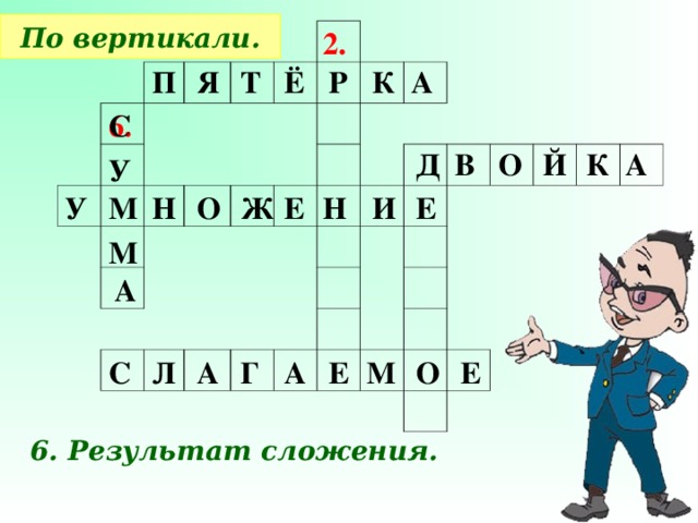 По вертикали. 2. А П Я Т Ё Р К 6. С Й А К О В Д У О Е У Ж М Н И Е Н М А Е О М Е А Г Л С А 6. Результат сложения.