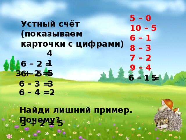 5 – 0 10 – 5 6 – 1 8 – 3 7 – 2 9 – 4 Устный счёт (показываем карточки с цифрами)  6 – 2 = 6 – 5 = 4 1 3 + 2 = 5 6 – 1 = 5 6 – 3 = 3 6 – 4 = 2 Найди лишний пример. Почему? 3 + 2 = 5