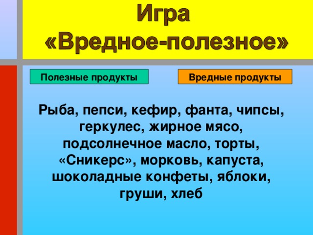 Полезные продукты Вредные продукты Рыба, пепси, кефир, фанта, чипсы, геркулес, жирное мясо, подсолнечное масло, торты, «Сникерс», морковь, капуста, шоколадные конфеты, яблоки, груши, хлеб