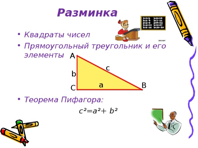 Разминка Квадраты чисел Прямоугольный треугольник и его элементы    Теорема Пифагора: с²=а²+ b ²  А с b а В С