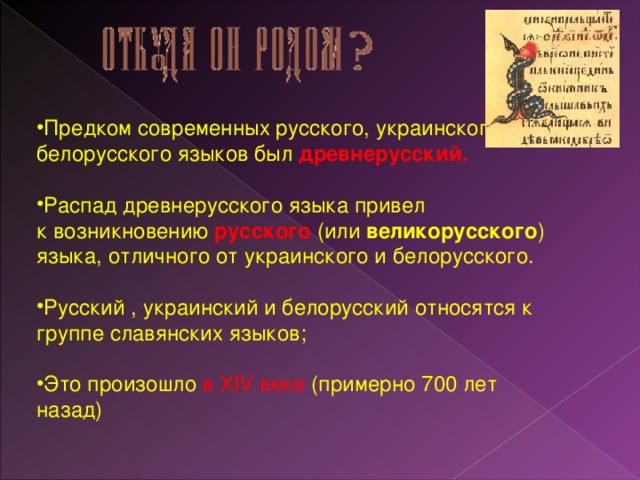 Предком современных русского, украинского, белорусского языков был древнерусский. Распад древнерусского языка привел к возникновению русского (или великорусского ) языка, отличного от украинского и белорусского. Русский , украинский и белорусский относятся к группе славянских языков; Это произошло в XIV веке (примерно 700 лет назад)