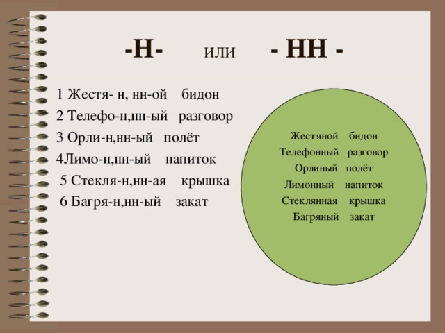 -Н- ИЛИ - НН - 1 Жестя- н, нн-ой бидон 2 Телефо-н,нн-ый разговор 3 Орли-н,нн-ый полёт 4Лимо-н,нн-ый напиток  5 Стекля-н,нн-ая крышка  6 Багря-н,нн-ый закат Жестяной бидон Телефонный разговор Орлиный полёт Лимонный напиток Стеклянная крышка Багряный закат