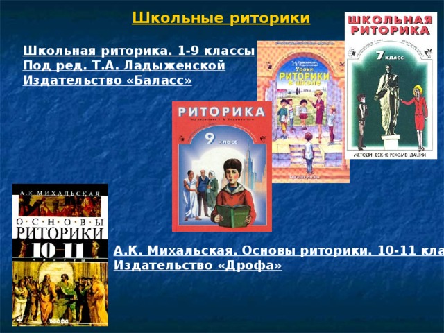 Школьные риторики Школьная риторика. 1-9 классы Под ред. Т.А. Ладыженской Издательство «Баласс» А.К. Михальская. Основы риторики. 10-11 классы Издательство «Дрофа»