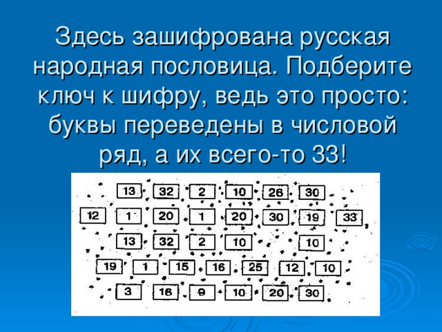 Здесь зашифрована русская народная пословица. Подберите ключ к шифру, ведь это просто: буквы переведены в числовой ряд, а их всего-то 33!