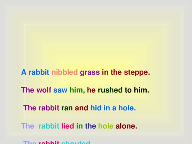 A rabbit  nibbled  grass in the steppe.    The wolf  saw  him,  he  rushed to him.    The rabbit  ran  and  hid in a hole.   The rabbit lied  in  the  hole alone.    The  rabbit  shouted .    The  wolf  was frightened  and  ran away.    Animals,  come here, come up to me.