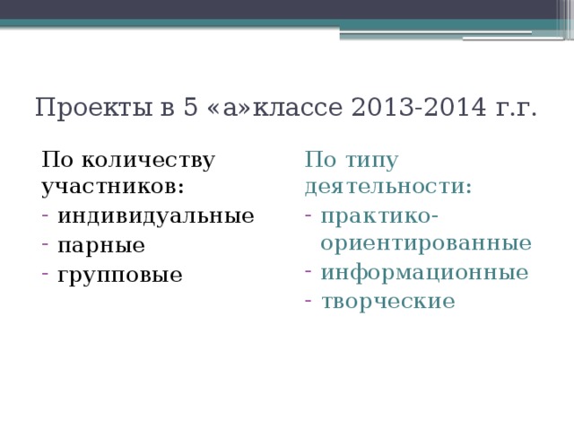 Проекты в 5 «а»классе 2013-2014 г.г. По количеству участников: По типу деятельности: