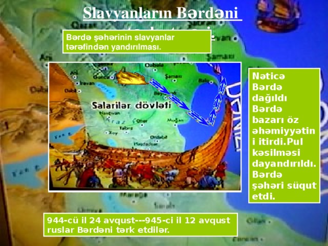 Slavyanların Bərdəni  tərk etməsi. Bərdə şəhərinin slavyanlar tərəfindən yandırılması. Nəticə Bərdə dağıldı Bərdə bazarı öz əhəmiyyətini itirdi.Pul kəsilməsi dayandırıldı.Bərdə şəhəri süqut etdi. 944-cü il 24 avqust---945-ci il 12 avqust ruslar Bərdəni tərk etdilər.