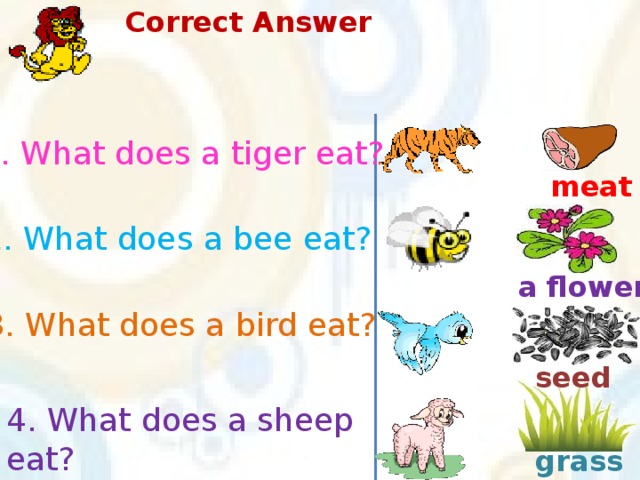 Correct Answer 1. What does a tiger eat? meat 2. What does a bee eat? a flower 3. What does a bird eat? seed 4. What does a sheep eat? grass