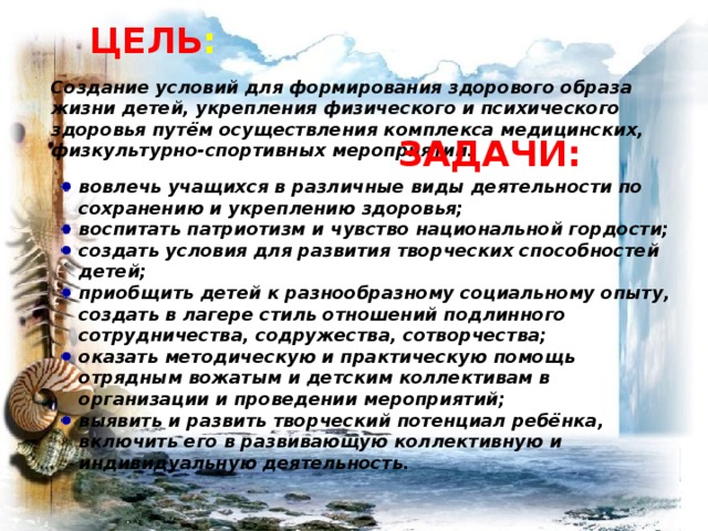 Цель : Создание условий для формирования здорового образа жизни детей, укрепления физического и психического здоровья путём осуществления комплекса медицинских, физкультурно-спортивных мероприятий. Задачи: