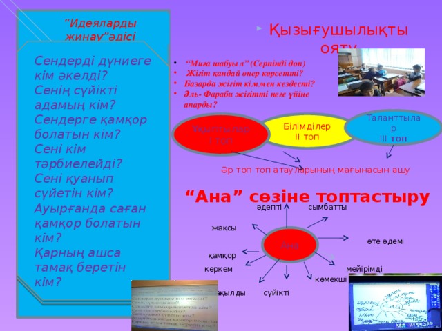 “ Идеяларды жинау”әдісі Қызығушылықты ояту Сендерді дүниеге кім әкелді? Сенің сүйікті адамың кім? Сендерге қамқор болатын кім? Сені кім тәрбиелейді? Сені қуанып сүйетін кім? Ауырғанда саған қамқор болатын кім? Қарның ашса тамақ беретін кім? Сендерді дүниеге кім әкелді? Сенің сүйіктің кім? Сендерге қамқор болатын кім? Сені кім тәрбиелейді? Сені қуанып сүйетін кім? Ауырғанда саған қамқор болатын кім? Қарның ашса тамақ беретін кім?  “ Миға шабуыл” (Серпінді доп)  Жігіт қандай өнер көрсетті? Базарда жігіт кіммен кездесті? Әль- Фараби жігітті неге үйіне апарды? Таланттылар ІІІ топ Ұқыптылар Білімділер І топ ІІ топ Әр топ топ атауларының мағынасын ашу “ Ана” сөзіне топтастыру  әдепті сымбатты жақсы Ана өте әдемі қамқор көркем мейірімді көмекші сүйікті ақылды