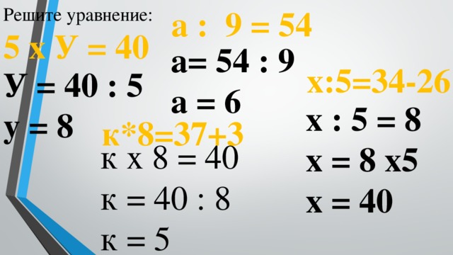 Решите уравнение: 5 х У = 40 а : 9 = 54 а= 54 : 9  а = 6 х:5=34-26 У = 40 : 5  у = 8 х : 5 = 8  х = 8 х5  х = 40 к*8=37+3 к х 8 = 40  к = 40 : 8  к = 5