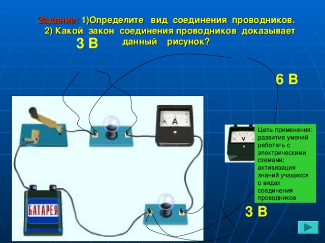 Задание: 1)Определите вид соединения проводников.  2) Какой закон соединения проводников доказывает данный рисунок? 3 В 6 В Цель применения: развитие умений работать с электрическими схемами; активизация знаний учащихся о видах соединения проводников 3 В