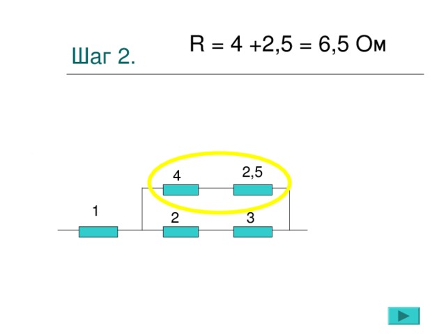 Шаг 2. R = 4 +2,5 = 6,5 Ом  2,5  4  1 2  3