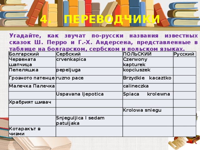 4. ПЕРЕВОДЧИКИ Угадайте, как звучат по-русски названия известных сказок Ш. Перро и Г.-Х. Андерсена, представленные в таблице на болгарском, сербском и польском языках. Болгарский Сербский Червената шапчица crvenkapica Пепеляшка Польский Грозното патенце pepeljuga Czerwony  kapturek Русский ruzno расе kopciuszek Малечка Палечка Brzydkie  kacaztko Uspavana ljepotica calineczka Храбрият шивач Spiaca  krolewna Krolowa sniegu Snjeguljica I sedam patuljaka Котаракът в чизми